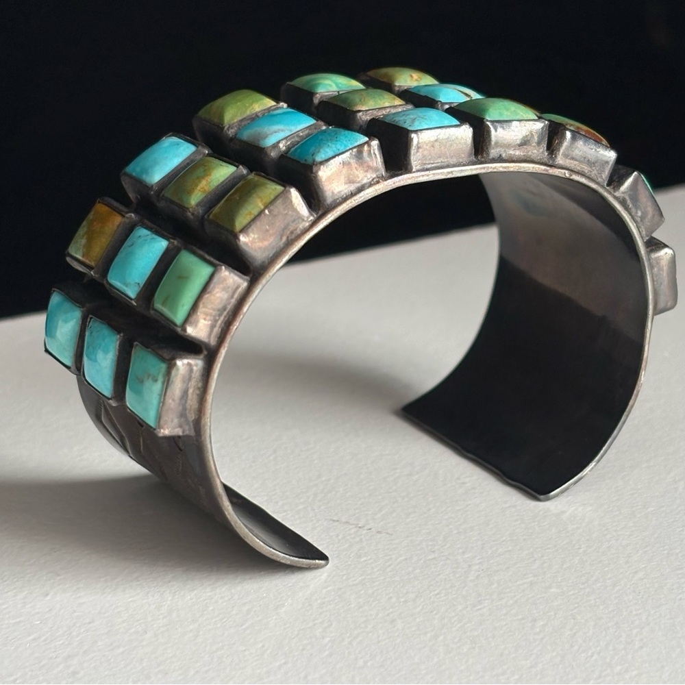 Sterling Silver Zuni Mid Century Mod Square Turquoise Petit Point Row Grid Cuff - Picture 7 of 15